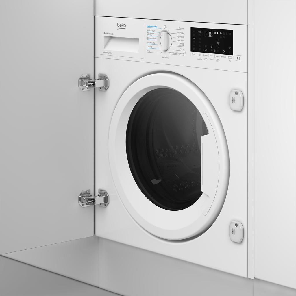 WDIK854411F Perfect for busy households, this integrated washer dryer can wash a full 8kg load in just 28 minutes, helping you get through laundry faster. Sensor Drying Programmes automatically stop the cycle when optimal dryness is reached, protecting your clothes from over-drying. Easy to install, the appliance features front adjustment screws to reposition the rear feet without hassle. For added peace of mind, it’s backed by our 10 Year Beko Parts Guarantee.