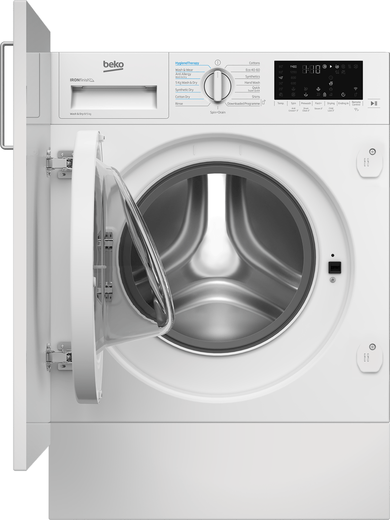 WDIK854411F Perfect for busy households, this integrated washer dryer can wash a full 8kg load in just 28 minutes, helping you get through laundry faster. Sensor Drying Programmes automatically stop the cycle when optimal dryness is reached, protecting your clothes from over-drying. Easy to install, the appliance features front adjustment screws to reposition the rear feet without hassle. For added peace of mind, it’s backed by our 10 Year Beko Parts Guarantee.
