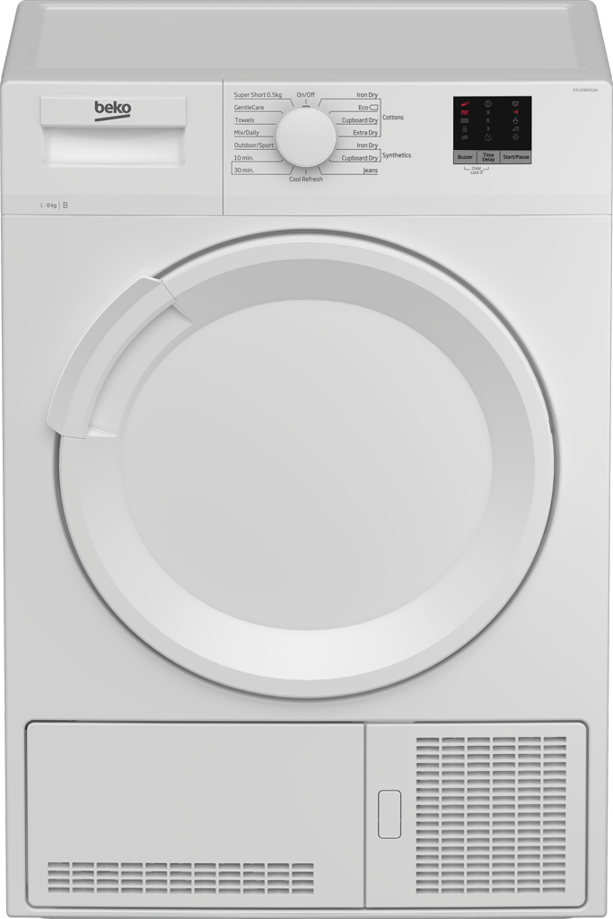 DTLCE80051W This 8kg Condenser Tumble Dryer boasts a spacious 32cm porthole, ideal for accommodating large loads, duvets, and bed linen. The Sensor Drying Programme ensures optimal dryness by automatically stopping the cycle when necessary, providing perfect protection for your laundry. The appliance offers even more convenience with a selection of timed programmes, allowing you to easily choose your preferred settings.