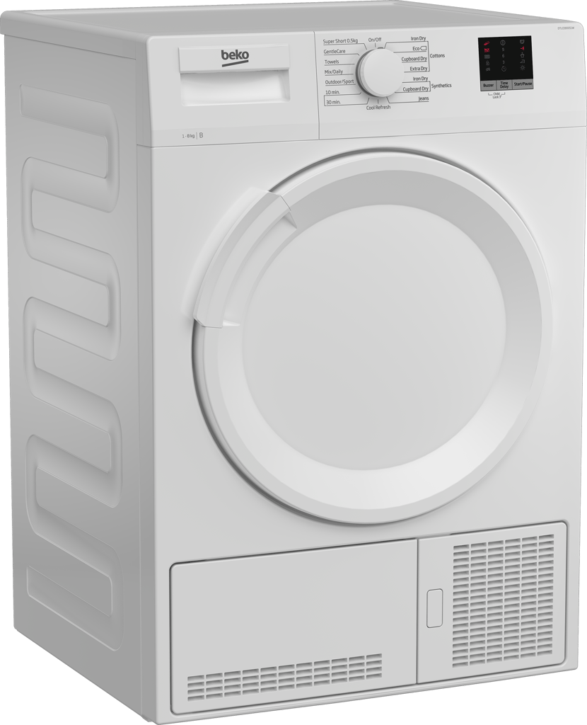 DTLCE80051W This 8kg Condenser Tumble Dryer boasts a spacious 32cm porthole, ideal for accommodating large loads, duvets, and bed linen. The Sensor Drying Programme ensures optimal dryness by automatically stopping the cycle when necessary, providing perfect protection for your laundry. The appliance offers even more convenience with a selection of timed programmes, allowing you to easily choose your preferred settings.