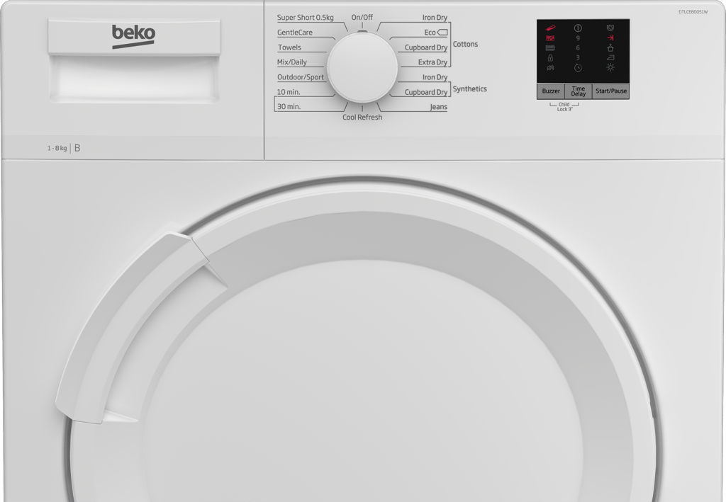 DTLCE80051W This 8kg Condenser Tumble Dryer boasts a spacious 32cm porthole, ideal for accommodating large loads, duvets, and bed linen. The Sensor Drying Programme ensures optimal dryness by automatically stopping the cycle when necessary, providing perfect protection for your laundry. The appliance offers even more convenience with a selection of timed programmes, allowing you to easily choose your preferred settings.