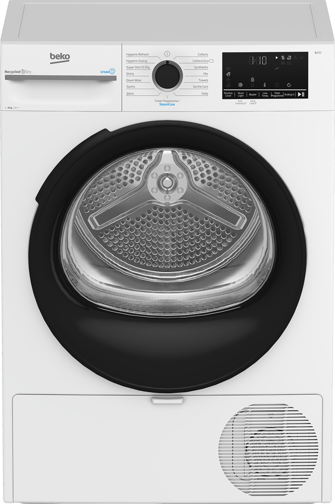 BM3T3833W Maximise energy efficiency with this 8kg Heat Pump Tumble Dryer featuring SteamCure technology. While the model's interior drum light ensures no item is overlooked, SteamCure uses the power of steam to refresh clothes, eliminating odours and creases without the need for a full wash. The appliance also uses lower temperatures and reused hot air to deliver superior fabric protection and reduced energy consumption, saving you money on your energy bills.