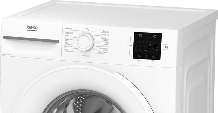 BM1WT3721W This 7kg 1200rpm washing machine makes everyday laundry effortless. The SteamCure programme optimises wash cycles to reduce wrinkles, while the Quick Programme cleans a full load in just 28 minutes. On busy days, Fast+ technology cuts wash times by up to 55%. And with AddXtra, you can pause mid-cycle to safely add any forgotten items, giving you complete control and convenience.