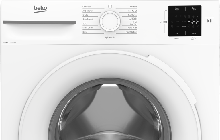 BM1WT3721W This 7kg 1200rpm washing machine makes everyday laundry effortless. The SteamCure programme optimises wash cycles to reduce wrinkles, while the Quick Programme cleans a full load in just 28 minutes. On busy days, Fast+ technology cuts wash times by up to 55%. And with AddXtra, you can pause mid-cycle to safely add any forgotten items, giving you complete control and convenience.