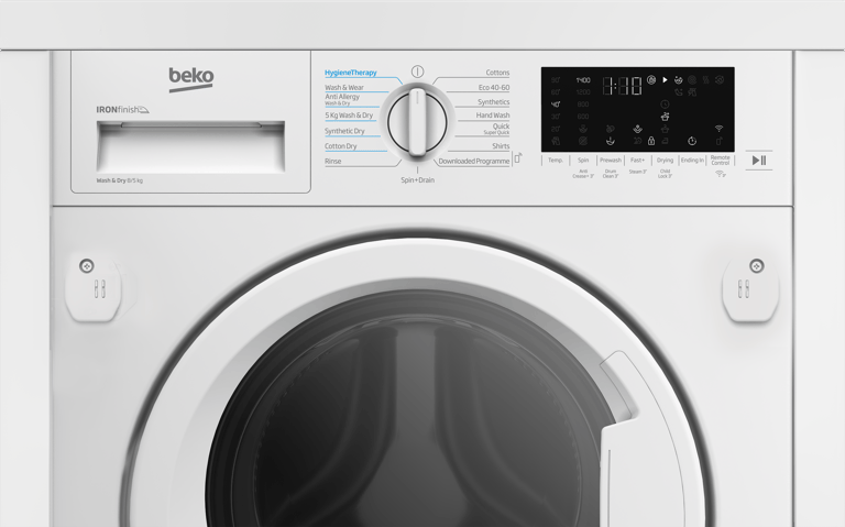 WDIK854411F Perfect for busy households, this integrated washer dryer can wash a full 8kg load in just 28 minutes, helping you get through laundry faster. Sensor Drying Programmes automatically stop the cycle when optimal dryness is reached, protecting your clothes from over-drying. Easy to install, the appliance features front adjustment screws to reposition the rear feet without hassle. For added peace of mind, it’s backed by our 10 Year Beko Parts Guarantee.