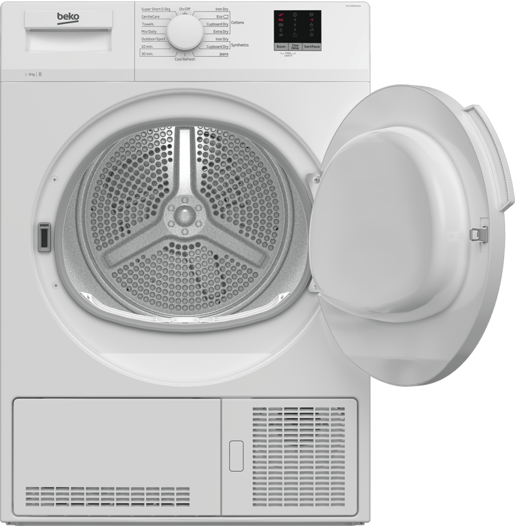 DTLCE80051W This 8kg Condenser Tumble Dryer boasts a spacious 32cm porthole, ideal for accommodating large loads, duvets, and bed linen. The Sensor Drying Programme ensures optimal dryness by automatically stopping the cycle when necessary, providing perfect protection for your laundry. The appliance offers even more convenience with a selection of timed programmes, allowing you to easily choose your preferred settings.