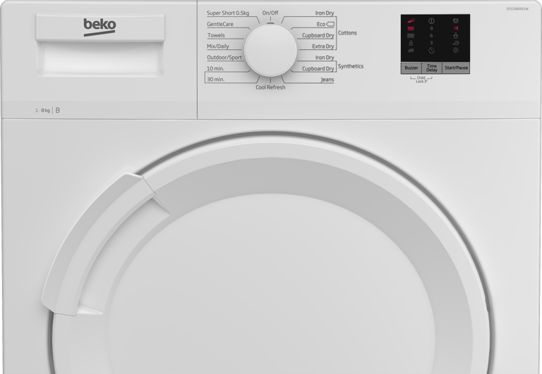 DTLCE80051W This 8kg Condenser Tumble Dryer boasts a spacious 32cm porthole, ideal for accommodating large loads, duvets, and bed linen. The Sensor Drying Programme ensures optimal dryness by automatically stopping the cycle when necessary, providing perfect protection for your laundry. The appliance offers even more convenience with a selection of timed programmes, allowing you to easily choose your preferred settings.