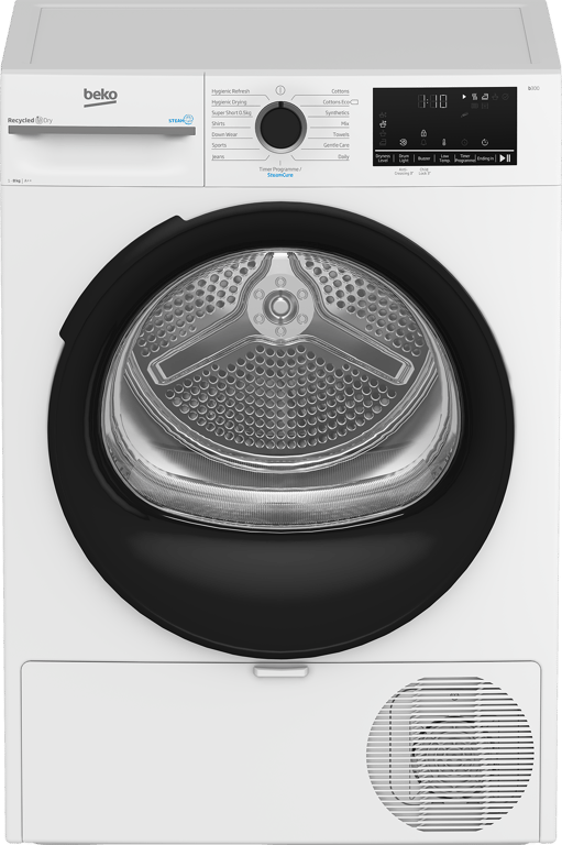 BM3T3833W Maximise energy efficiency with this 8kg Heat Pump Tumble Dryer featuring SteamCure technology. While the model's interior drum light ensures no item is overlooked, SteamCure uses the power of steam to refresh clothes, eliminating odours and creases without the need for a full wash. The appliance also uses lower temperatures and reused hot air to deliver superior fabric protection and reduced energy consumption, saving you money on your energy bills.