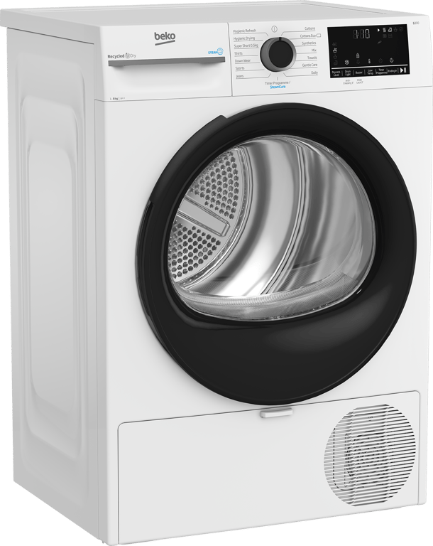 BM3T3833W Maximise energy efficiency with this 8kg Heat Pump Tumble Dryer featuring SteamCure technology. While the model's interior drum light ensures no item is overlooked, SteamCure uses the power of steam to refresh clothes, eliminating odours and creases without the need for a full wash. The appliance also uses lower temperatures and reused hot air to deliver superior fabric protection and reduced energy consumption, saving you money on your energy bills.