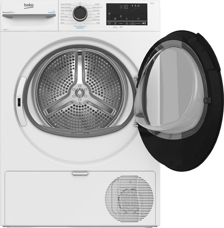 BM3T3833W Maximise energy efficiency with this 8kg Heat Pump Tumble Dryer featuring SteamCure technology. While the model's interior drum light ensures no item is overlooked, SteamCure uses the power of steam to refresh clothes, eliminating odours and creases without the need for a full wash. The appliance also uses lower temperatures and reused hot air to deliver superior fabric protection and reduced energy consumption, saving you money on your energy bills.