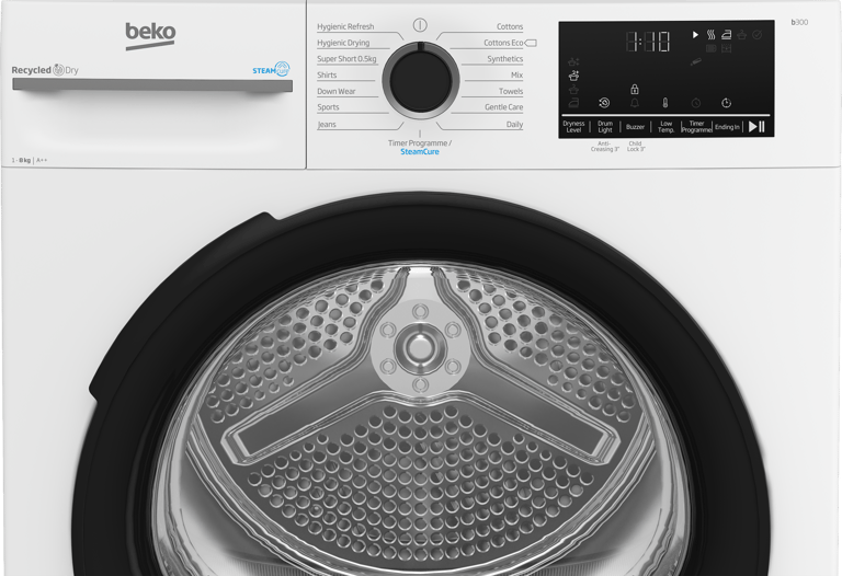 BM3T3833W Maximise energy efficiency with this 8kg Heat Pump Tumble Dryer featuring SteamCure technology. While the model's interior drum light ensures no item is overlooked, SteamCure uses the power of steam to refresh clothes, eliminating odours and creases without the need for a full wash. The appliance also uses lower temperatures and reused hot air to deliver superior fabric protection and reduced energy consumption, saving you money on your energy bills.