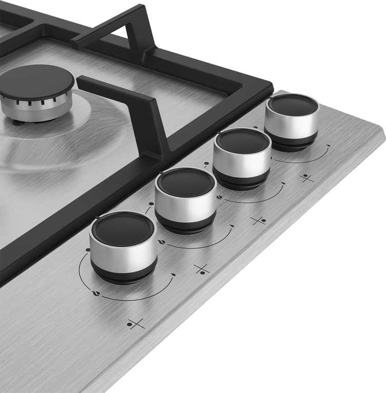 HIAW64225SX Equipped with auto-ignition, this 60cm Gas Hob with Front Knob Controls boasts four burners, including a powerful double ring 5KW wok burner for efficient stir-fry cooking. While the built-in flame safety device offers peace of mind, automatically cutting off the gas supply if the flame extinguishes, the High-Efficiency™ gas burners ensure your food is cooked more efficiently, saving you both time and money.